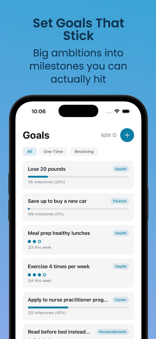 Setting goals that stick, organized by category