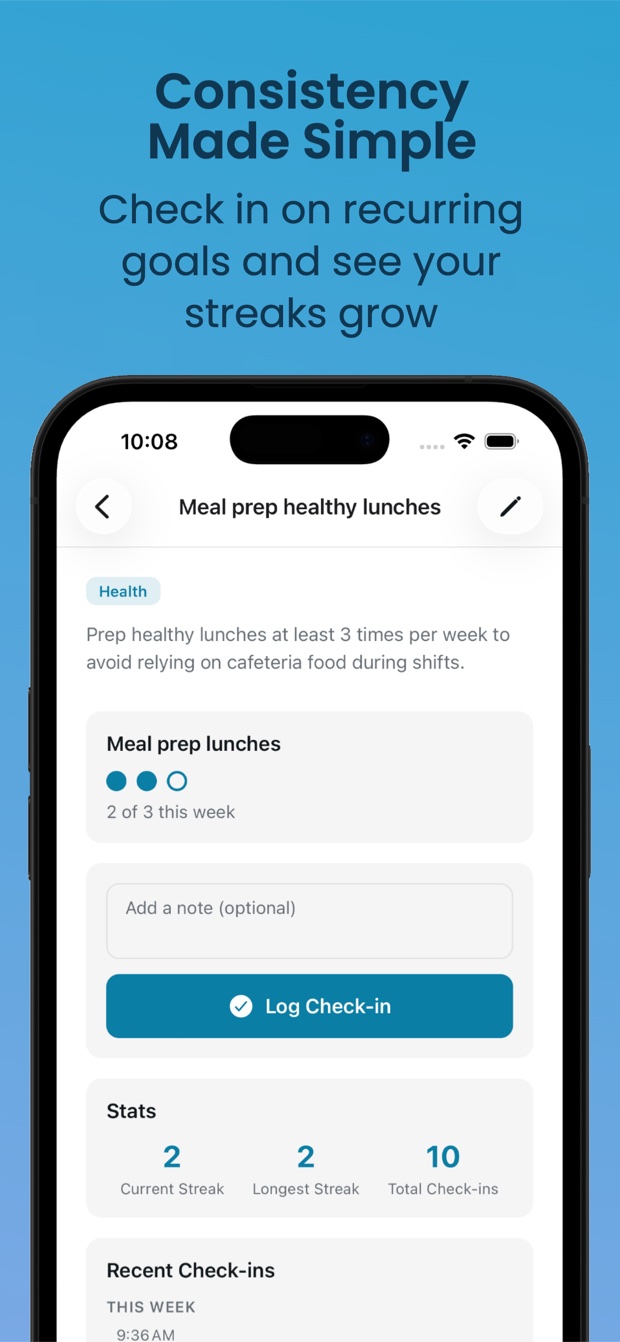Recurring goals with streaks and check-ins